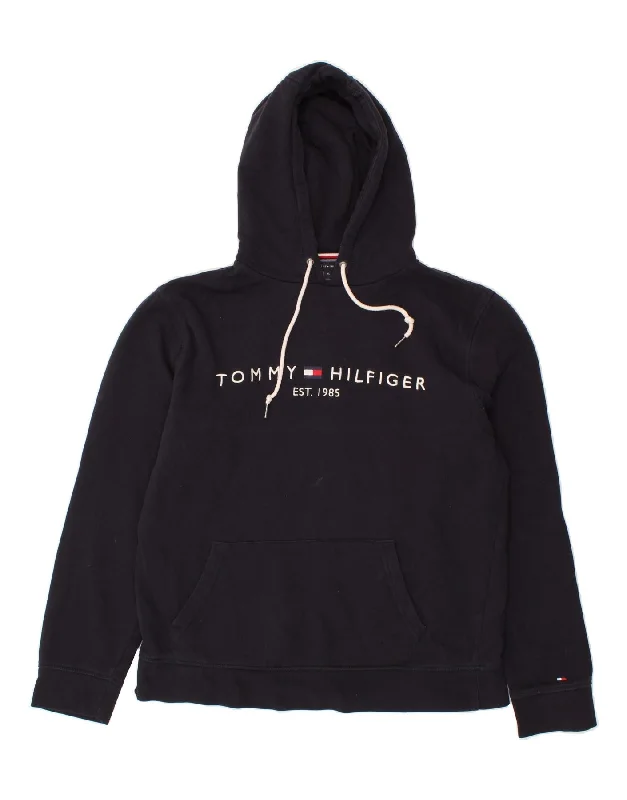 TOMMY HILFIGER Womens Graphic Hoodie Jumper UK 18 XL Black Hoodie with Contrast Stitching Detailed Premium