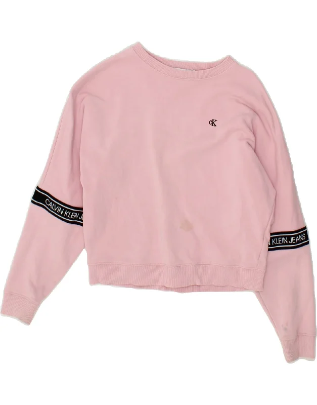 CALVIN KLEIN JEANS Girls Sweatshirt Jumper 9-10 Years Pink Colourblock Hoodie with Half-Zip Sporty Casual