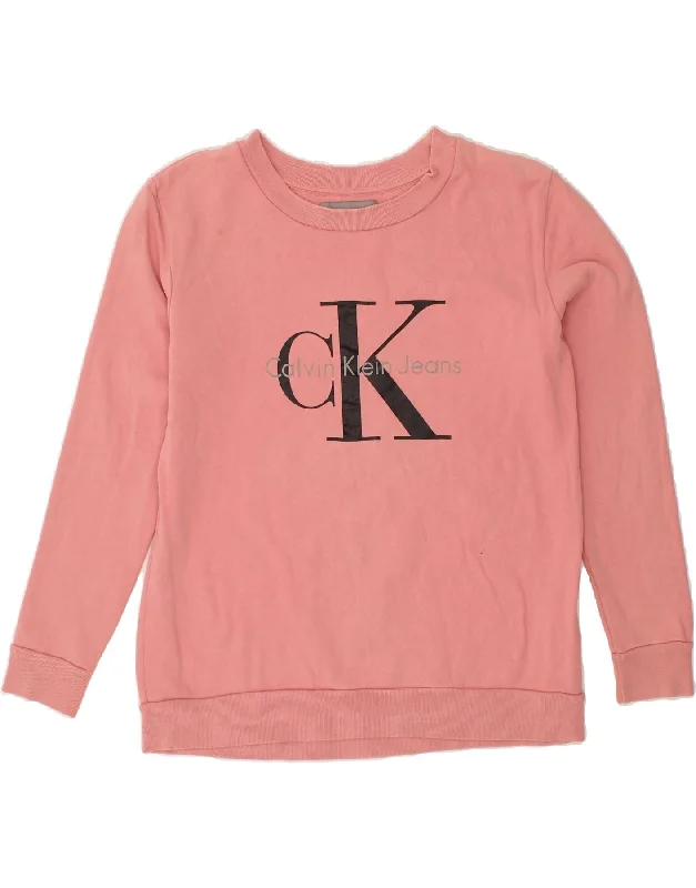 CALVIN KLEIN JEANS Womens Graphic Sweatshirt Jumper UK 14 Medium Pink Hoodie with Turtle Neck Cozy Winter