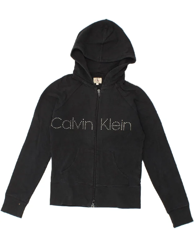 CALVIN KLEIN JEANS Womens Graphic Zip Hoodie Sweater UK 10 Small Black Hoodie with Mesh Breathable Sporty