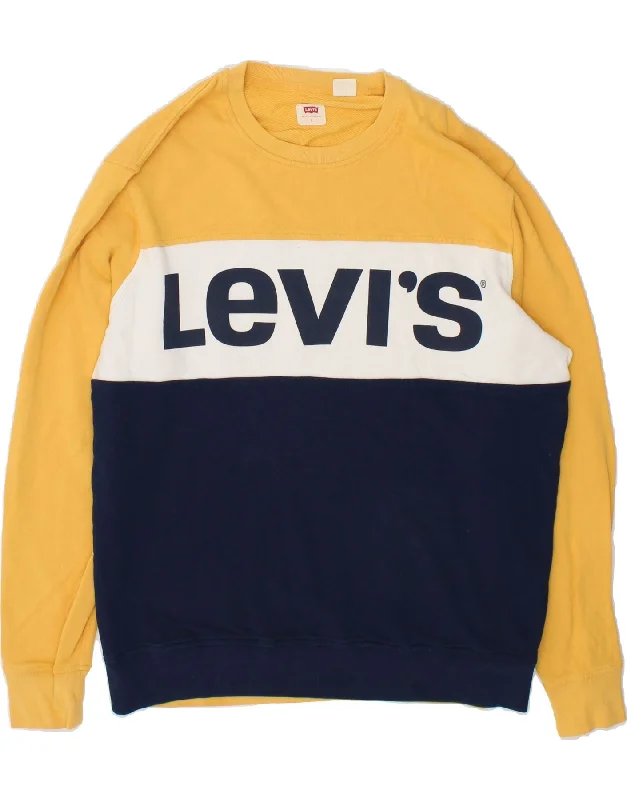 LEVI'S Mens Graphic Sweatshirt Jumper Large Yellow Colourblock Cotton Zip Hoodie Drawstring Kangaroo Pocket