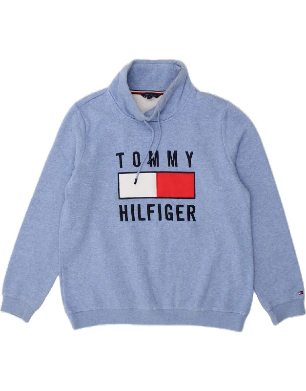 TOMMY HILFIGER Womens Graphic Sweatshirt Jumper UK 14 Medium Blue Cotton Hoodie with Thumb Holes Functional Cozy