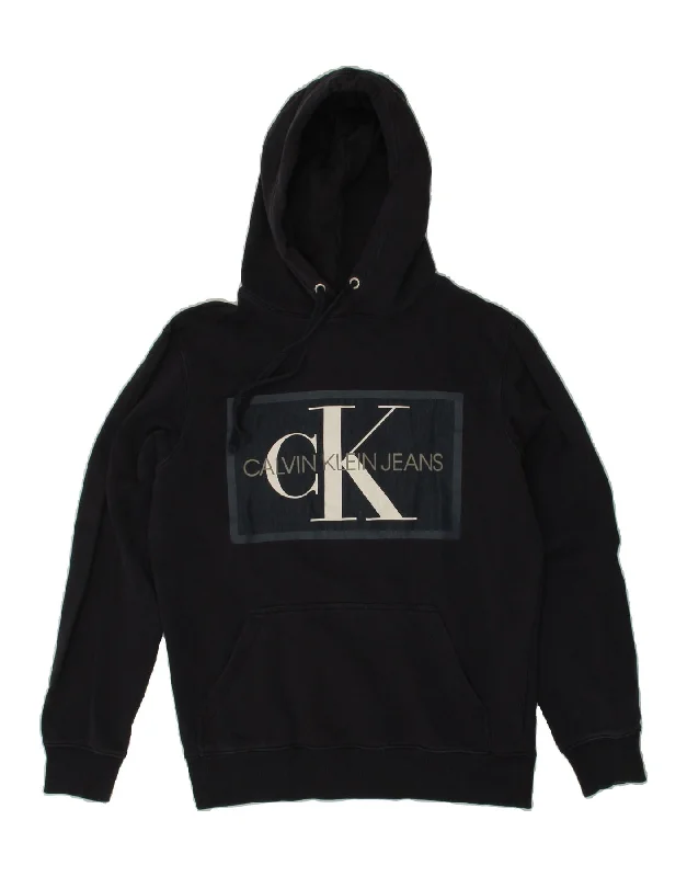 CALVIN KLEIN Mens Graphic Hoodie Jumper Small Navy Blue Cotton Hoodie with Logo Branding Identity