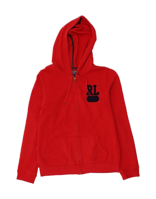 POLO RALPH LAUREN Womens Zip Hoodie Sweater UK 16 Large Red Cotton Hoodie with Front Slit Layering Stylish