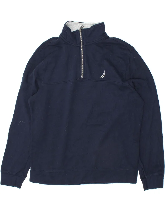 NAUTICA Mens Zip Neck Sweatshirt Jumper Medium Navy Blue Cotton Oversized Hoodie Comfort Casual