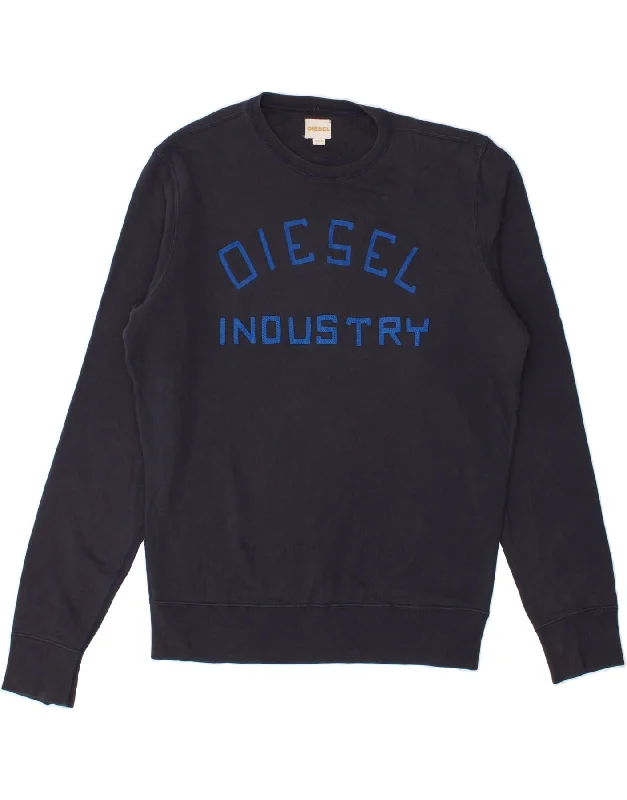 DIESEL Mens Graphic Sweatshirt Jumper XL Navy Blue Cotton Hoodie with Earth Tones Natural Calm