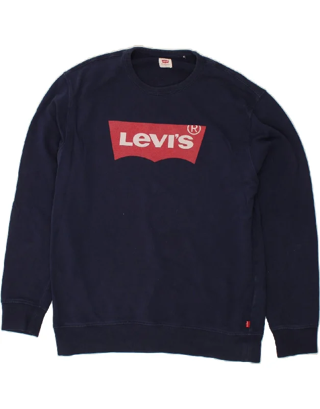 LEVI'S Mens Graphic Sweatshirt Jumper Large Navy Blue Cotton Hoodie with Ribbed Cuffs Snug Fit Comfort