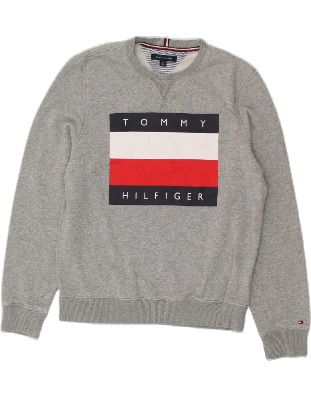 TOMMY HILFIGER Mens Graphic Sweatshirt Jumper Medium Grey Colourblock Hoodie with Drop Shoulder Relaxed Streetwear