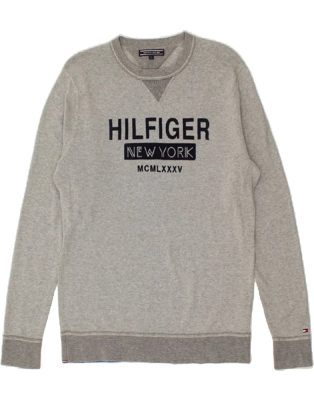 TOMMY HILFIGER Mens Graphic Sweatshirt Jumper Large Grey Cotton Hoodie with Puffed Sleeves Voluminous Trendy