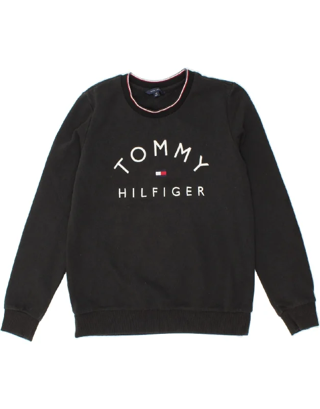 TOMMY HILFIGER Womens Graphic Sweatshirt Jumper UK 10 Small Black Cotton Hoodie with Embroidery Detailed Premium