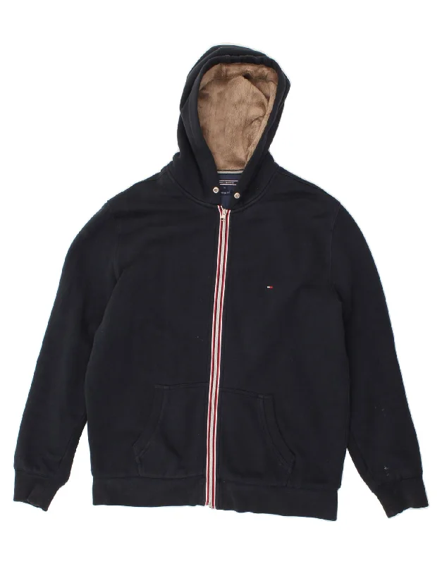 TOMMY HILFIGER Mens Vintage Fit Zip Hoodie Sweater XL Navy Blue Cotton Hoodie with Applique Textured Unique