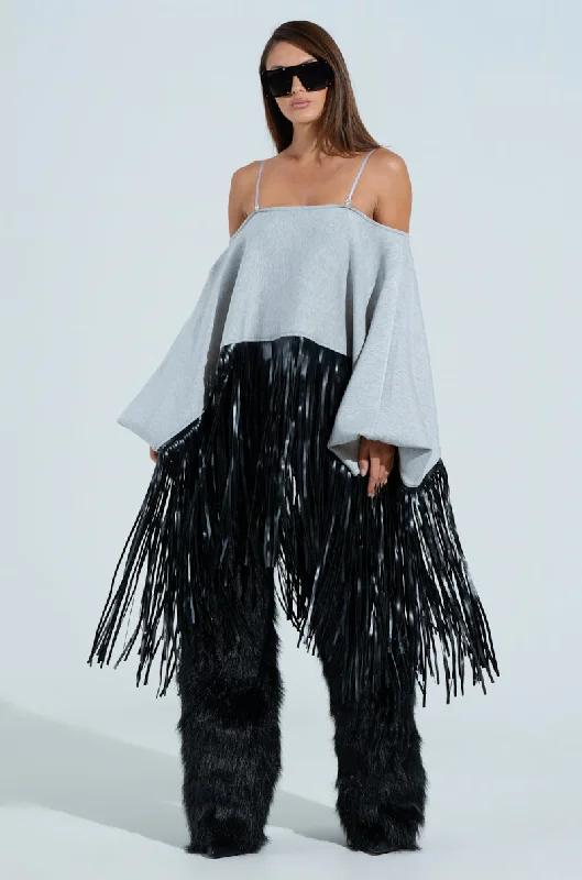 CITY GIRL FAUX LEATHER FRINGE SWEATSHIRT Hoodie with Back Slit Movement Comfort