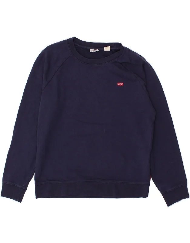 LEVI'S Womens Oversized Sweatshirt Jumper UK 10 Small Navy Blue Cotton Hoodie with Distressed Vintage Worn