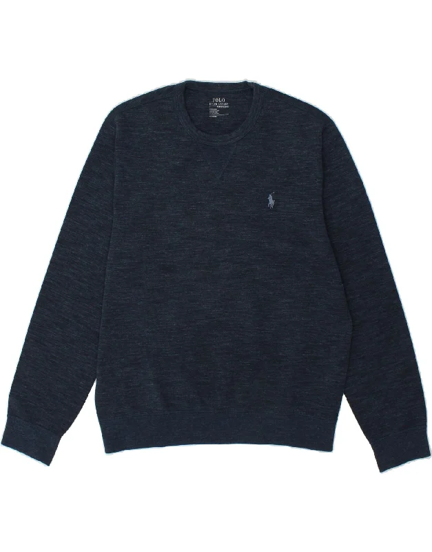 POLO RALPH LAUREN Mens Sweatshirt Jumper Medium Navy Blue Cotton Hoodie with Hem Ribbing Snug Secure