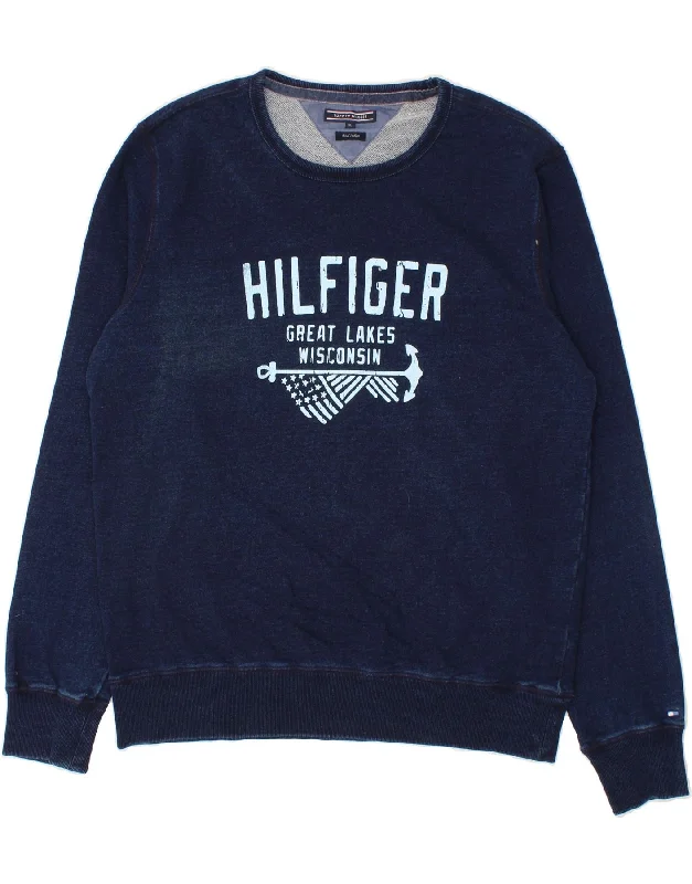 TOMMY HILFIGER Mens Graphic Sweatshirt Jumper XL Navy Blue Cotton Hoodie with Belted Waist Structured Tailored