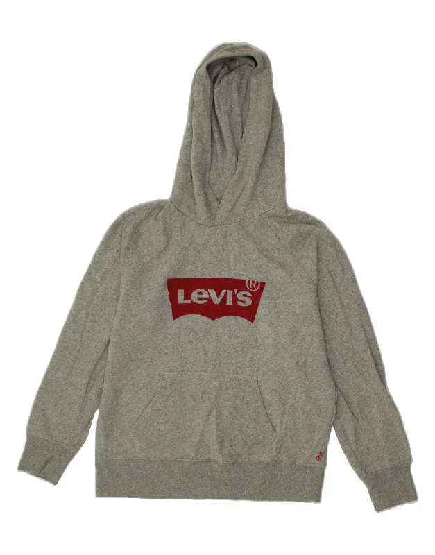 LEVI'S Womens Oversized Graphic Hoodie Jumper UK 6 XS Grey Cotton Hoodie with Snap Buttons Easy Quick