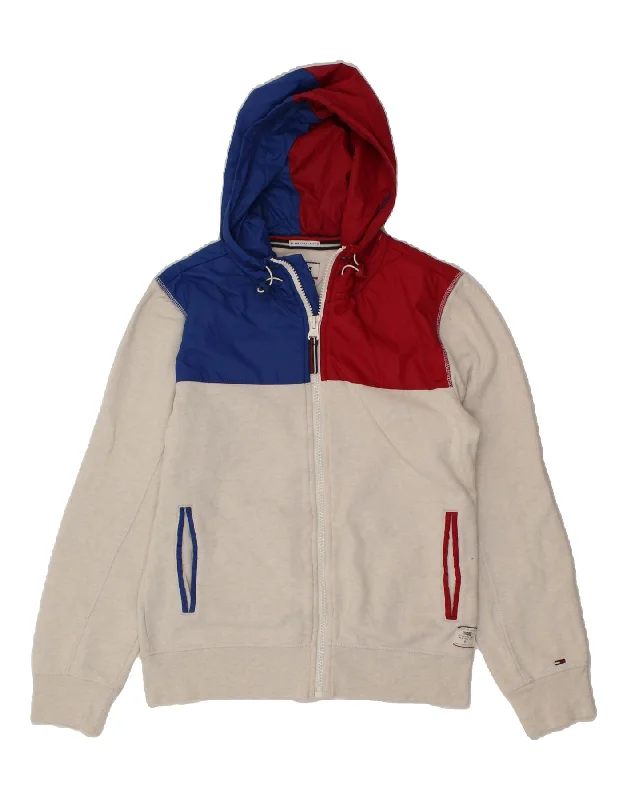 TOMMY HILFIGER Mens Zip Hoodie Sweater Small White Colourblock Cotton Hoodie with Longline Fit Extended Stylish