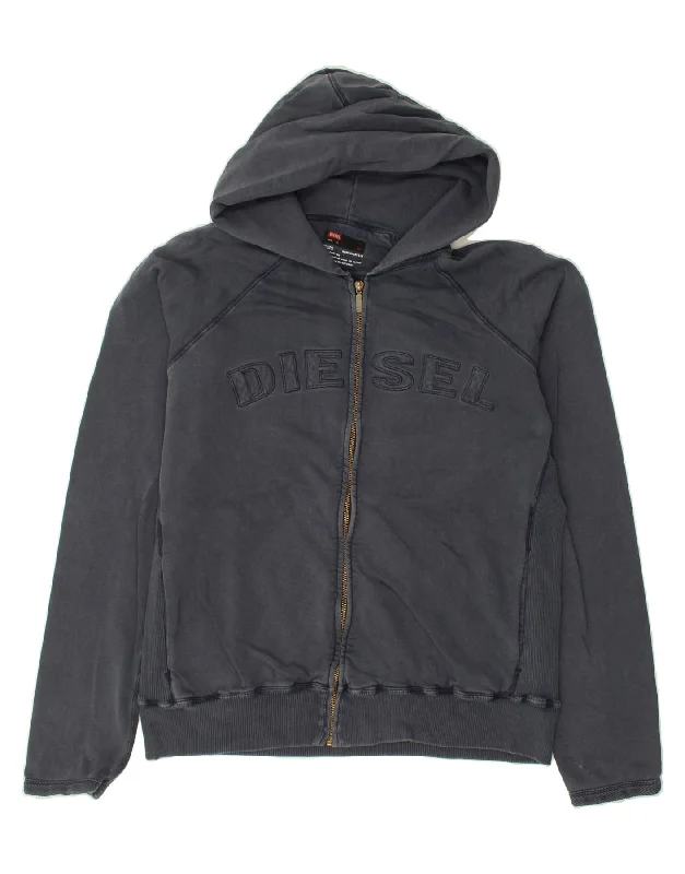 DIESEL Mens Graphic Zip Hoodie Sweater XL Navy Blue Cotton Hoodie with Applique Textured Unique