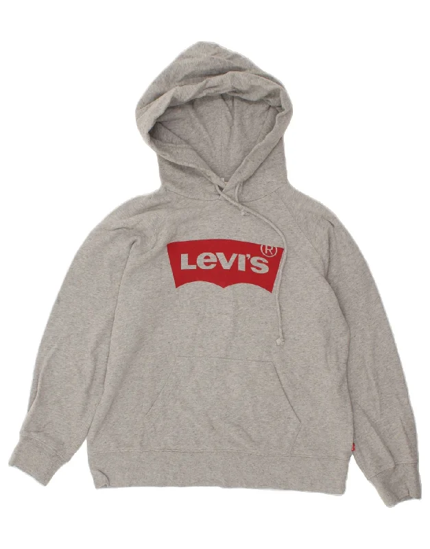 LEVI'S Womens Graphic Hoodie Jumper UK 14 Medium Grey Cotton Hoodie with Ribbed Neckline Snug Warm