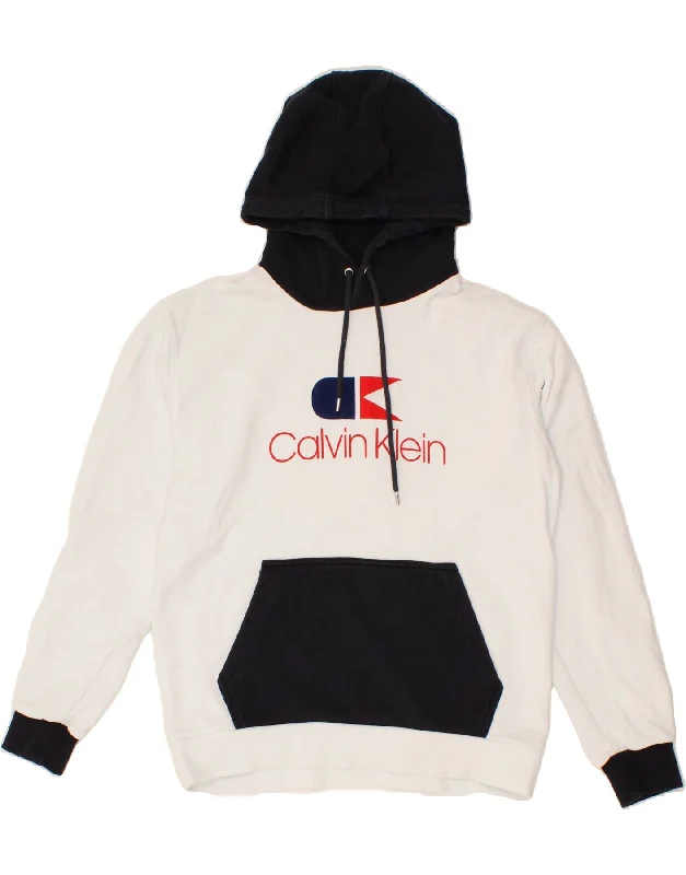 CALVIN KLEIN Mens Graphic Hoodie Jumper Large White Colourblock Cotton Hoodie with Snap Buttons Easy Quick