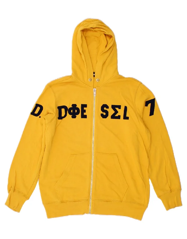 DIESEL Mens Graphic Zip Hoodie Sweater Large Yellow Cotton Hoodie with Metallic Shiny Futuristic