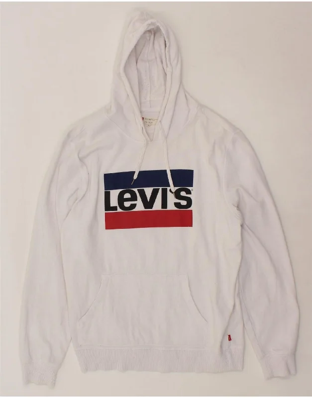 LEVI'S Mens Graphic Hoodie Jumper Large White Cotton Hoodie with Hem Contrast Bold Stylish