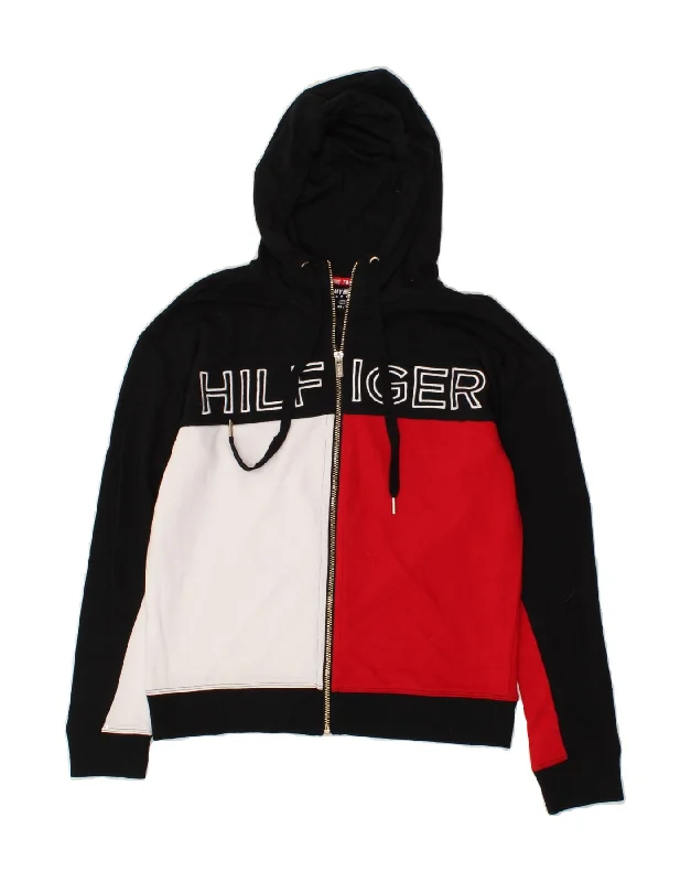 TOMMY HILFIGER Womens Graphic Zip Hoodie Sweater UK 6 XS Black Colourblock Hoodie with Pastel Soft Subtle