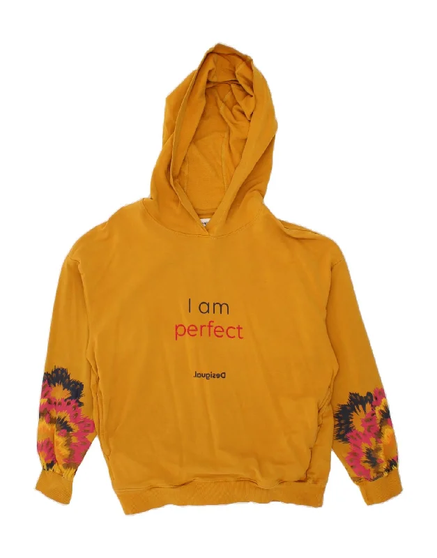 DESIGUAL Womens Graphic Hoodie Jumper UK 14 Medium Yellow Floral Cotton Hoodie with Full-Zip Functional Layering