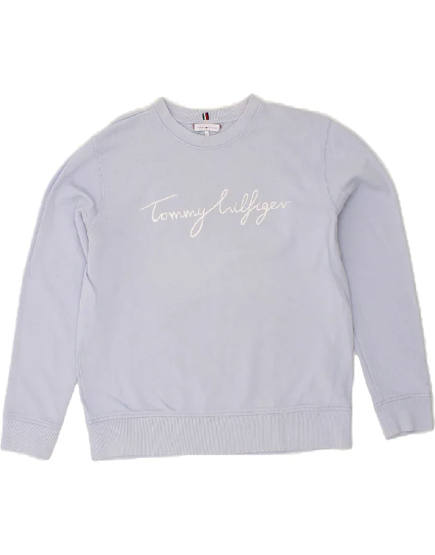 TOMMY HILFIGER Womens Oversized Sweatshirt Jumper UK 10 Small Purple Hoodie with Hem Detail Decorative Unique