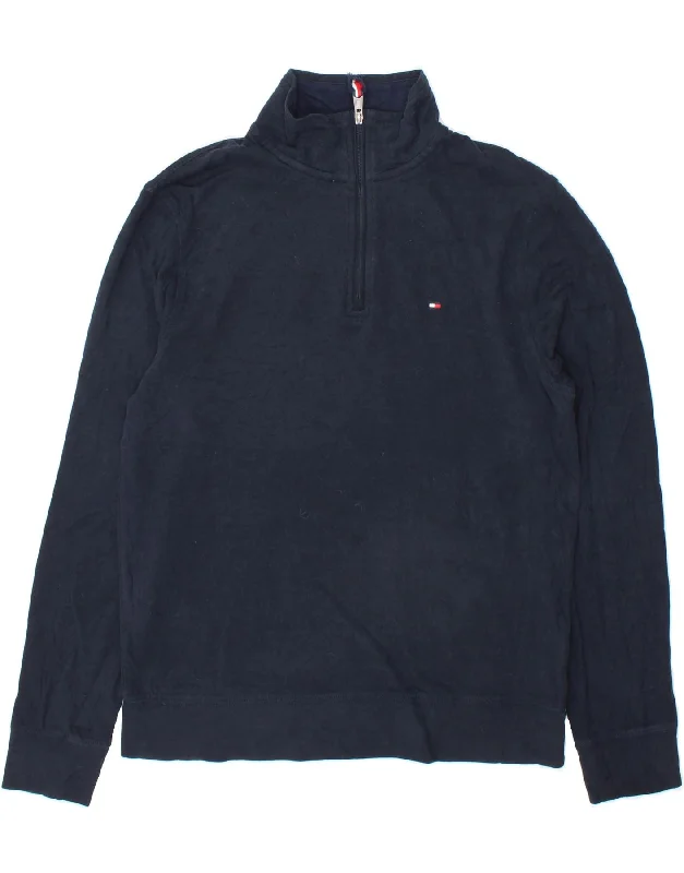 TOMMY HILFIGER Mens Zip Neck Sweatshirt Jumper Small Navy Blue Cotton Cotton Hoodie Fleece Lining Warmth