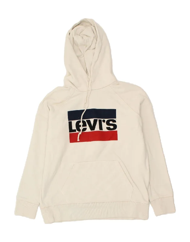 LEVI'S Womens Oversized Graphic Hoodie Jumper UK 10 Small White Cotton Hoodie with Hood Adjustable Protection