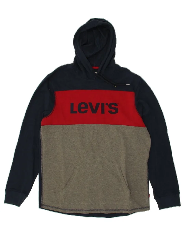 LEVI'S Mens Graphic Hoodie Jumper Large Navy Blue Colourblock Cotton Hoodie with Stripes Bold Sporty