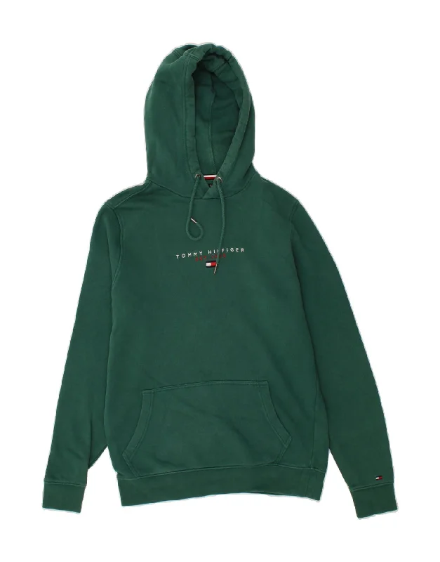 TOMMY HILFIGER Mens Graphic Hoodie Jumper Small Green Cotton Hoodie with Drop Shoulder Relaxed Streetwear