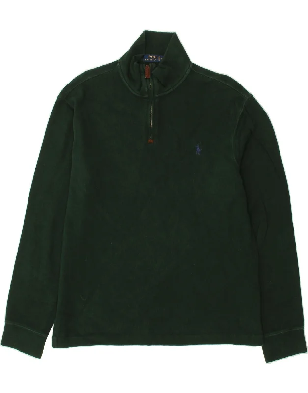 POLO RALPH LAUREN Mens Zip Neck Sweatshirt Jumper Medium Green Cotton Hoodie with Emblem Brand Identity