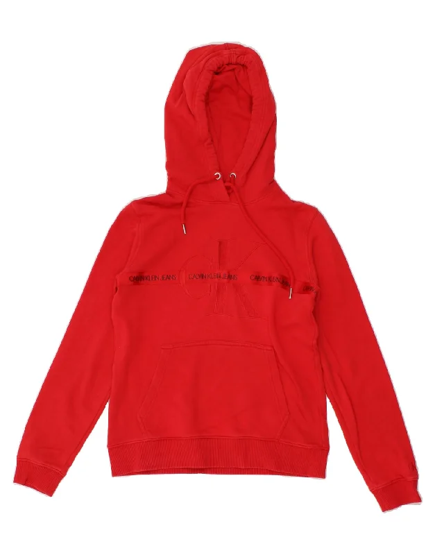 CALVIN KLEIN Womens Graphic Hoodie Jumper UK 10 Small Red Cotton Hoodie with Longline Fit Extended Stylish