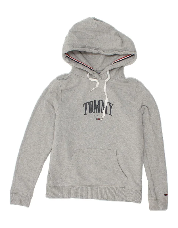 TOMMY HILFIGER Womens Graphic Hoodie Jumper UK 6 XS Grey Cotton Hoodie with Set-In Sleeves Structured Classic