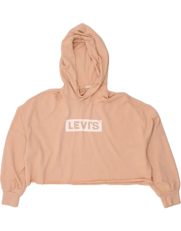 LEVI'S Womens Oversized Graphic Crop Hoodie Jumper UK 16 Large Pink Cotton Hoodie with High Neck Warm Protective