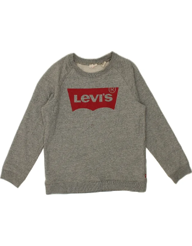 LEVI'S Womens Oversized Graphic Sweatshirt Jumper UK 10 Small Grey Cotton Hoodie with Hem Applique Textured Unique