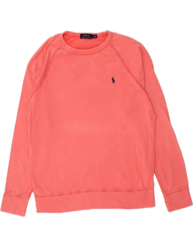 POLO RALPH LAUREN Mens Sweatshirt Jumper Large Pink Cotton Hoodie with Slit Hem Functional Movement