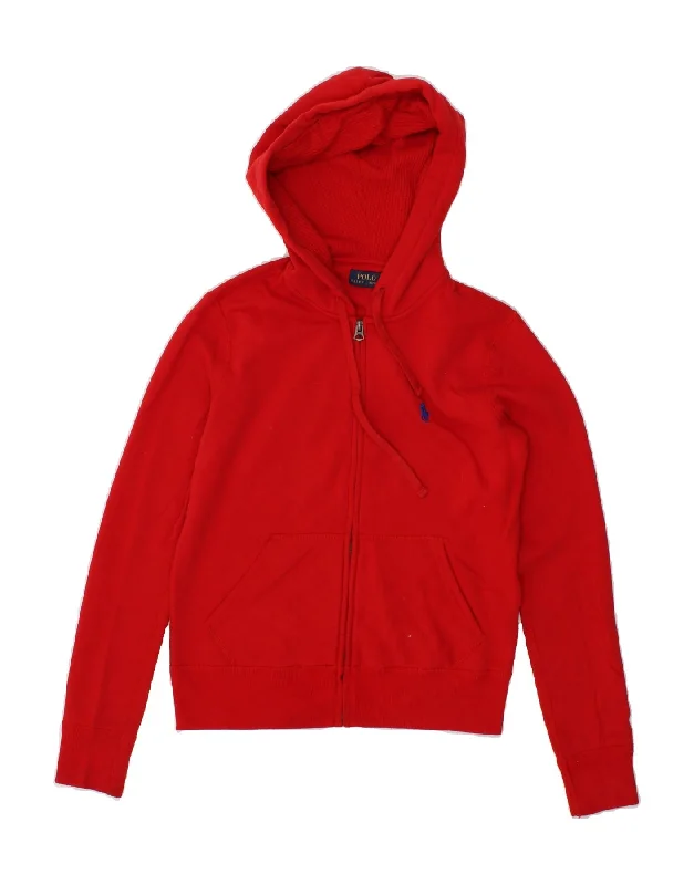 POLO RALPH LAUREN Womens Zip Hoodie Sweater UK 10 Small Red Cotton Hoodie with Raglan Sleeves Sporty Comfortable