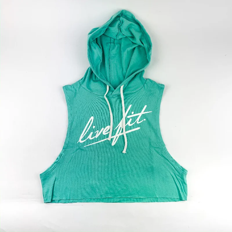 Strike Crop Sleeveless Hoodie - Teal Hoodie with Button Placket Classic Preppy