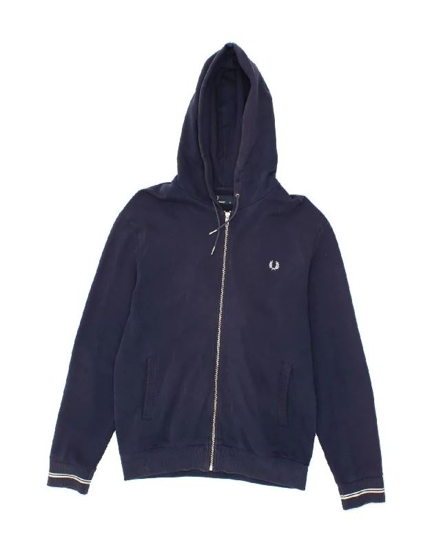 FRED PERRY Mens Zip Hoodie Sweater Medium Navy Blue Cotton Hoodie with Velcro Closure Adjustable Secure