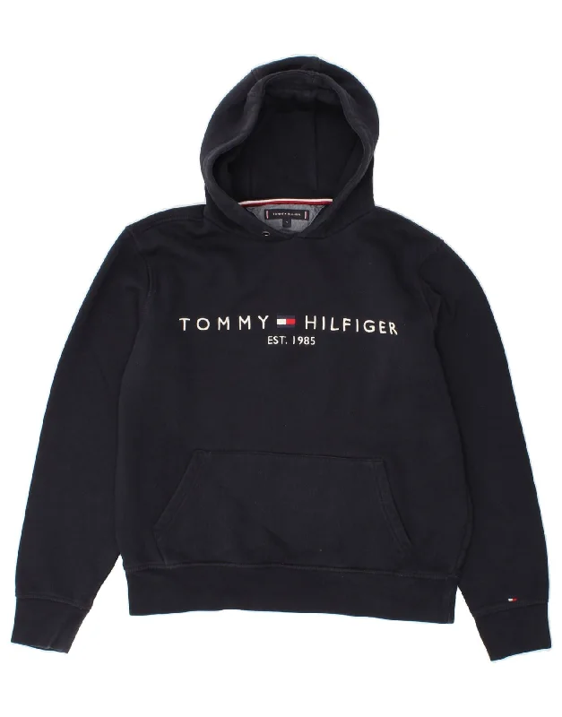 TOMMY HILFIGER Womens Graphic Hoodie Jumper UK 14 Medium Navy Blue Cotton Hoodie with Earth Tones Natural Calm