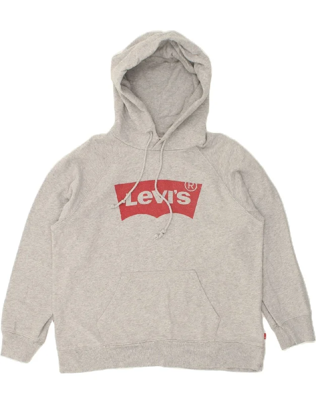 LEVI'S Womens Oversized Graphic Hoodie Jumper UK 14 Medium Grey Cotton Hoodie with Typography Text Message