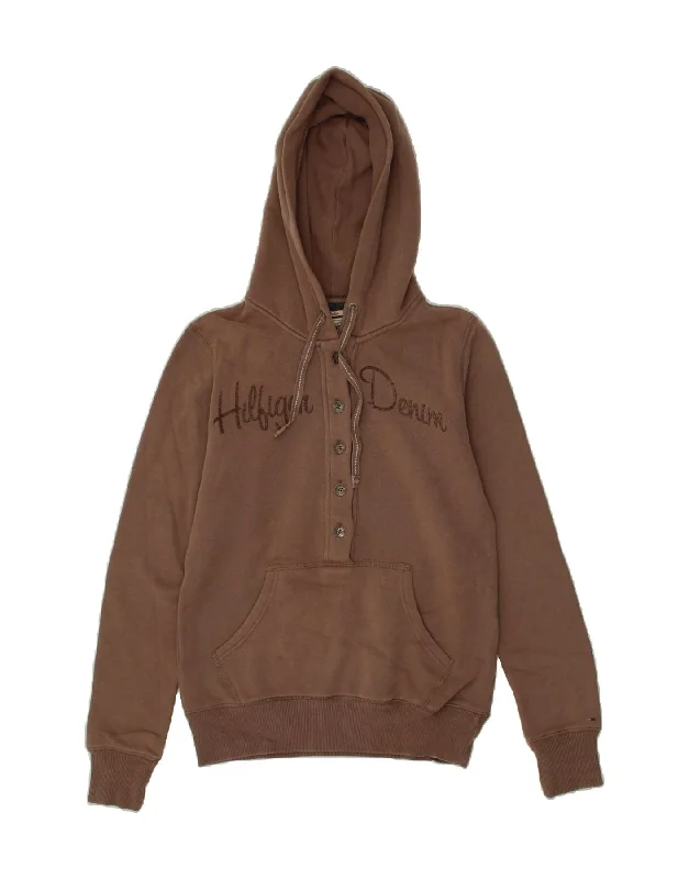 TOMMY HILFIGER Womens Graphic Hoodie Jumper UK 12 Medium Brown Cotton Hoodie with Double Zipper Versatile Adjustable