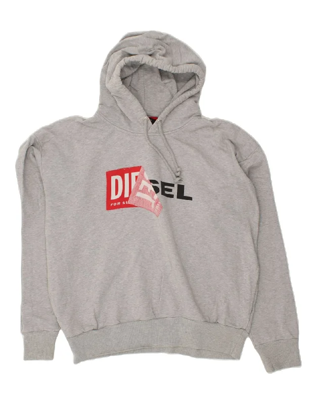 DIESEL Mens Graphic Hoodie Jumper XL Grey Cotton Hoodie with Pastel Soft Subtle