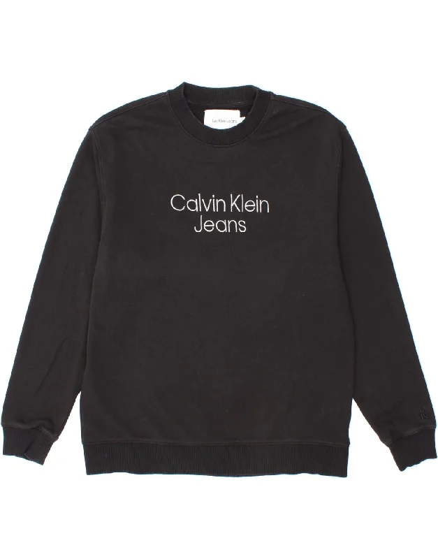 CALVIN KLEIN JEANS Mens Graphic Sweatshirt Jumper Medium Black Cotton Hoodie with Hem Detail Decorative Unique