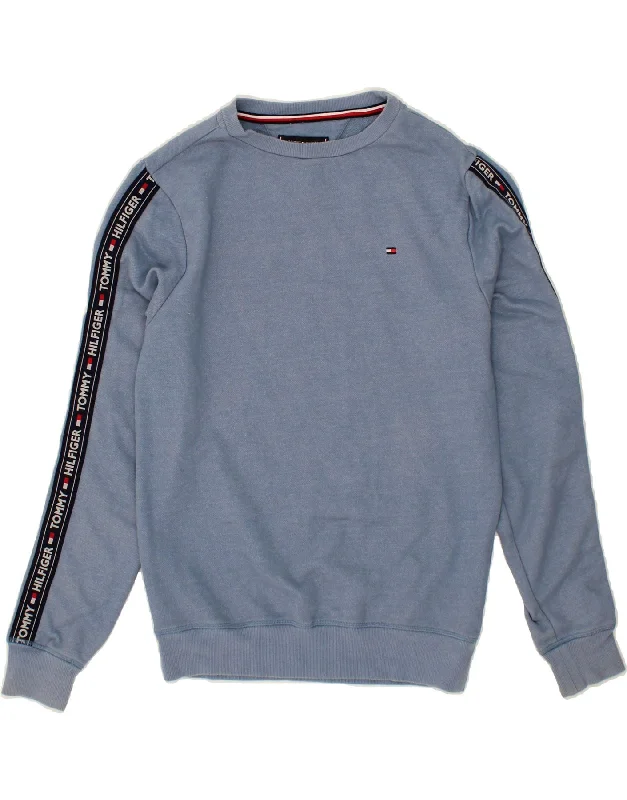 TOMMY HILFIGER Mens Graphic Sweatshirt Jumper Small Blue Cotton Hoodie with Patch Decorative Personalized