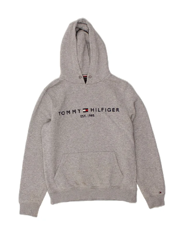 TOMMY HILFIGER Mens Graphic Hoodie Jumper Small Grey Cotton Hoodie with Print Artistic Unique