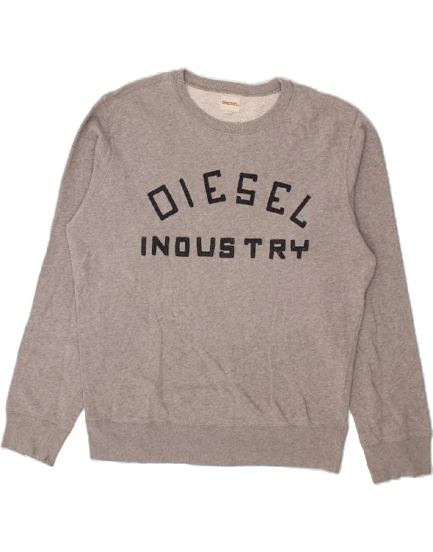 DIESEL Mens Graphic Sweatshirt Jumper XL Grey Cotton Hoodie with Sequins Glamorous Eye-catching